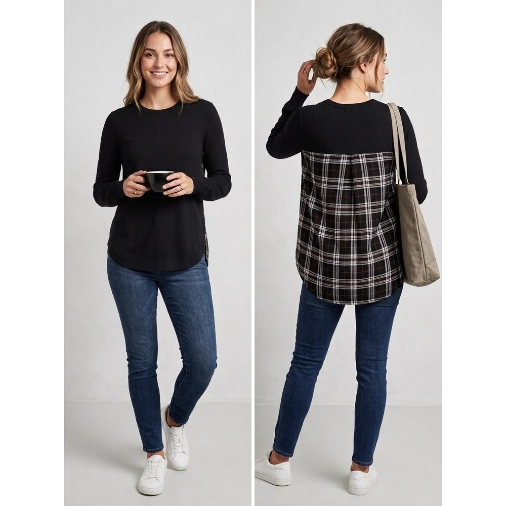 Mixed Media Plaid Honey Punch Black Rayon Knit Top Size L Large